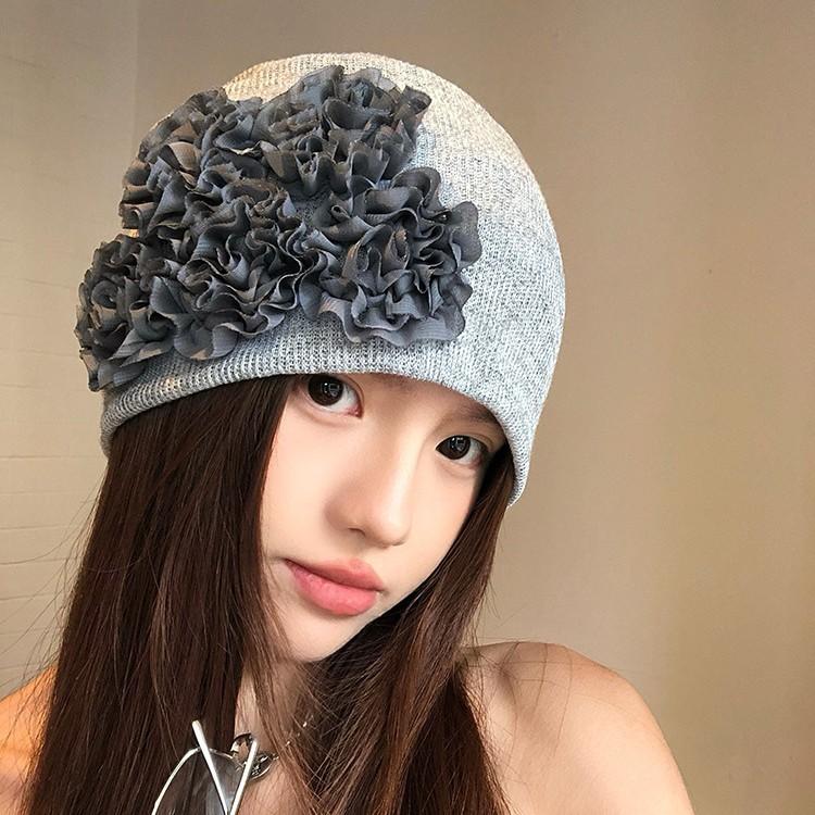 Retro Three-dimensional Flower Stacking Hat Children's Summer Thin Spring and Autumn Knitted Cold Hat