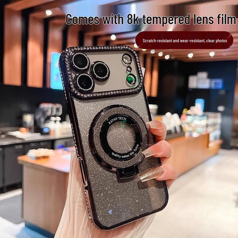 Rhinestone Glitter Magnetic Stand Case with Lens Film for iPhone 17 Pro Max, Drop-proof, Apple 16.