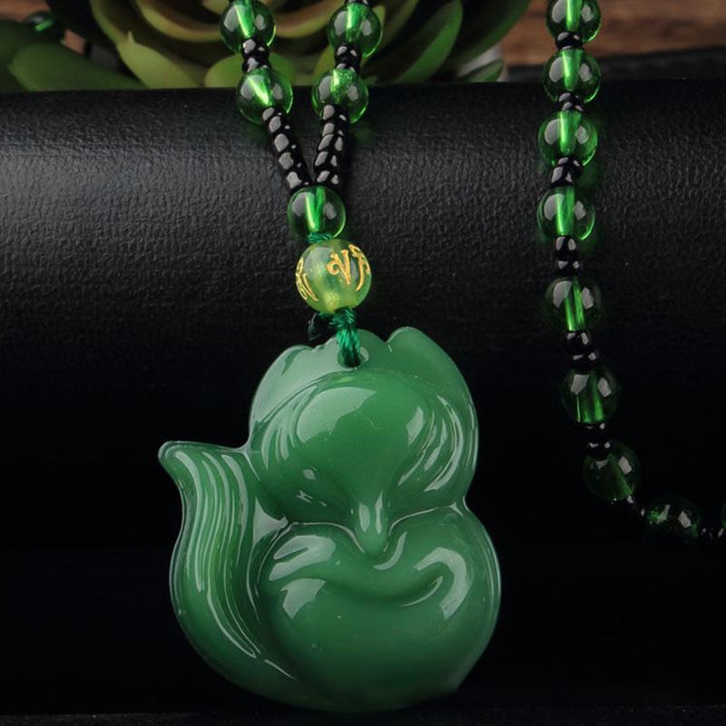 Green Jade Hand-Carved Fox Koi Hollow Jade Pendant Necklace Multicolor Chinese Amulet Women Man'S Lucky Jewelry Gift