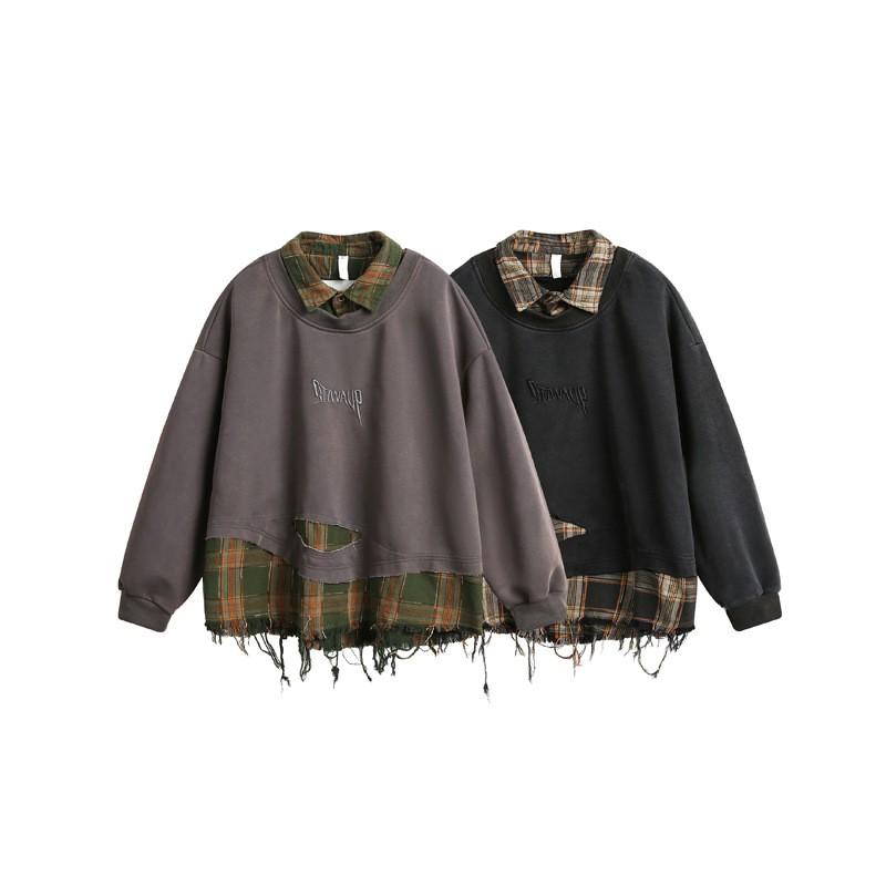 Unisex Oversized Plaid Patchwork Distressed Turn-Down Collar Hoodie Fall Casual Streetwear