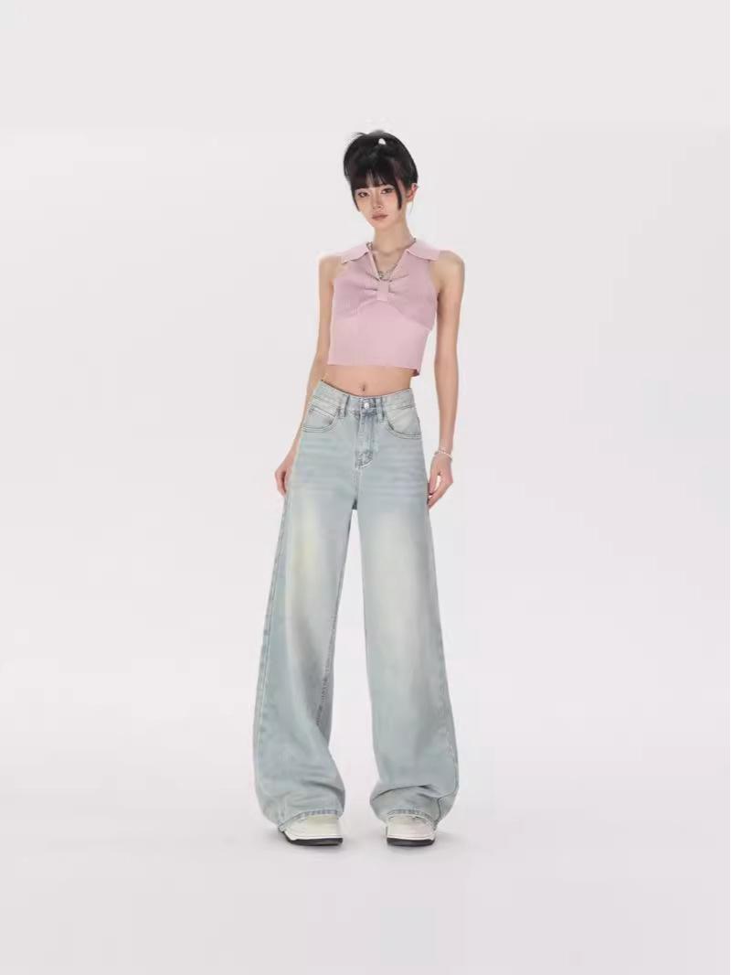 High-Waisted Straight Leg Light Blue Wide Jeans for Women Small