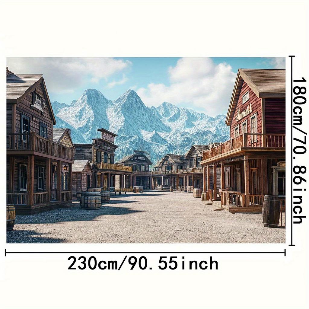 1pc Western Town Theme Background with Wooden Bar Rural Bucket and Snow Mountain