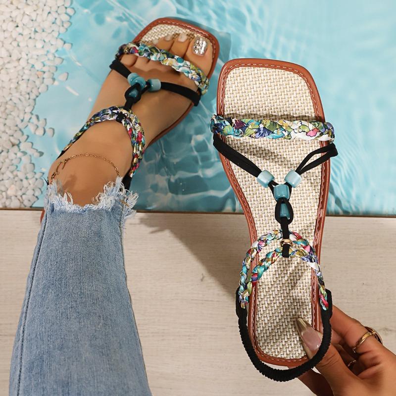 Cross-border plus size sandals, bohemian style, beach round toe, flat sole, single strap, new summer women's shoes