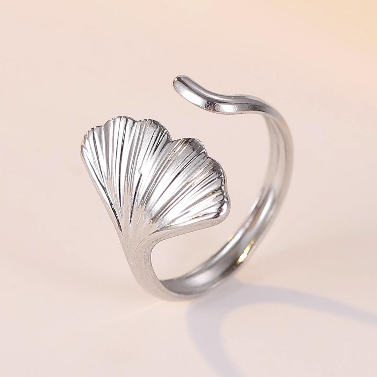 Adjustable Stainless Steel Forest Ginkgo Leaf Ring for Women