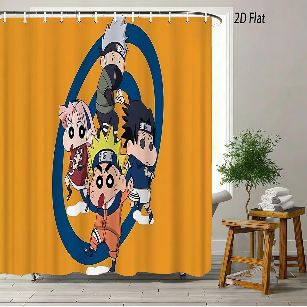 Crayon Shin-Chan Flame Ninja Z Themed 2D Print Waterproof Shower Curtain, Flying Shin-Chan With Family & Shiro Colorful Cityscap