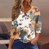 Damemote Uformelt blomstertrykk V-hals dekorativ knapp med trekvart ermet T-skjorte