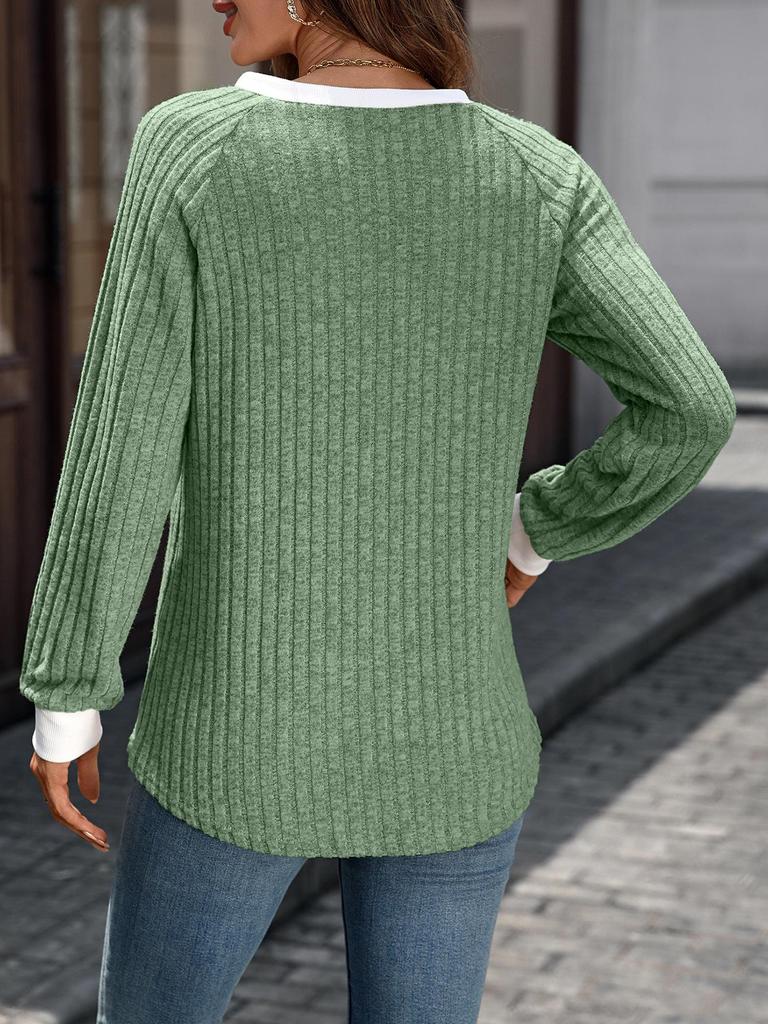 Women's Autumn/Winter V-Neck Color-Blocked Ribbed Sweater T-Shirt
