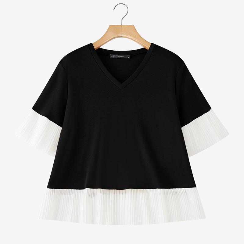 

ZANZEA Women Summer V-Neck Casual Patchwork Short Sleeve Blouse S чёрный