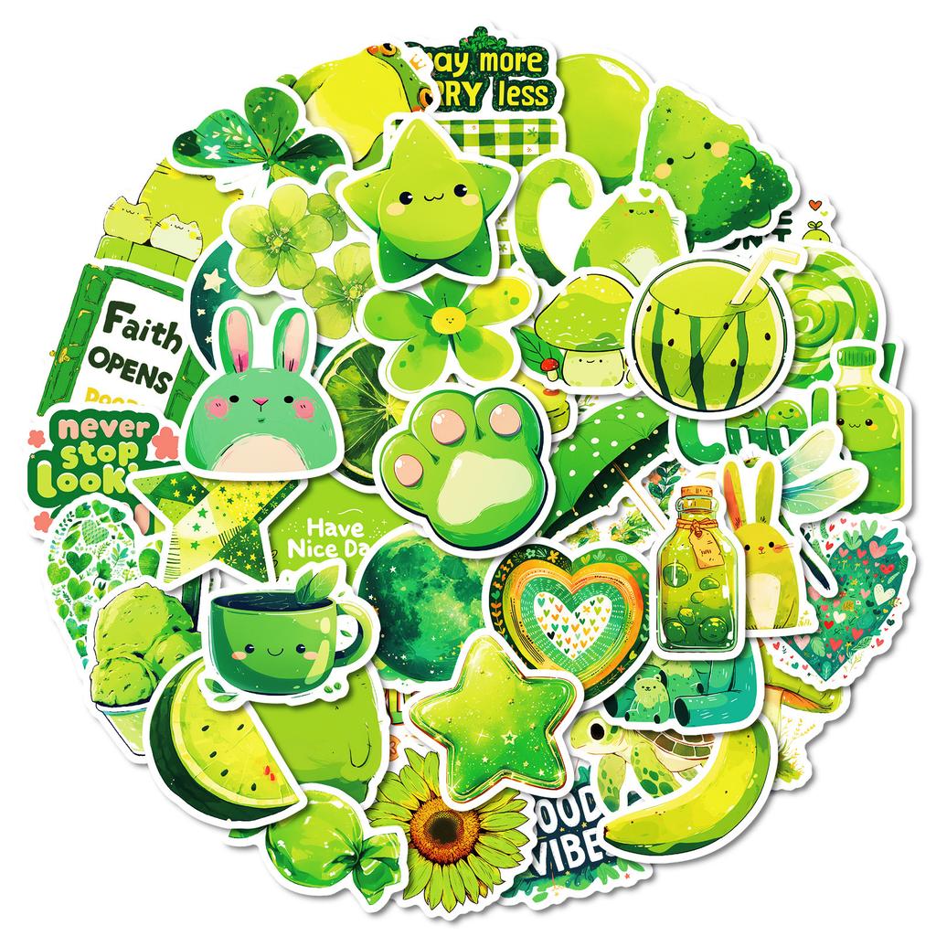 50 Green Graffiti Stickers Flowers Turtle Mushrooms Non-Repeating Decorative Stickers