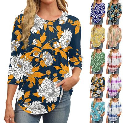 Camiseta Top Básico Casual de Moda para Mujer, Cuello Redondo, Manga de Siete Cuartos, Estampado Retro, Plisada
