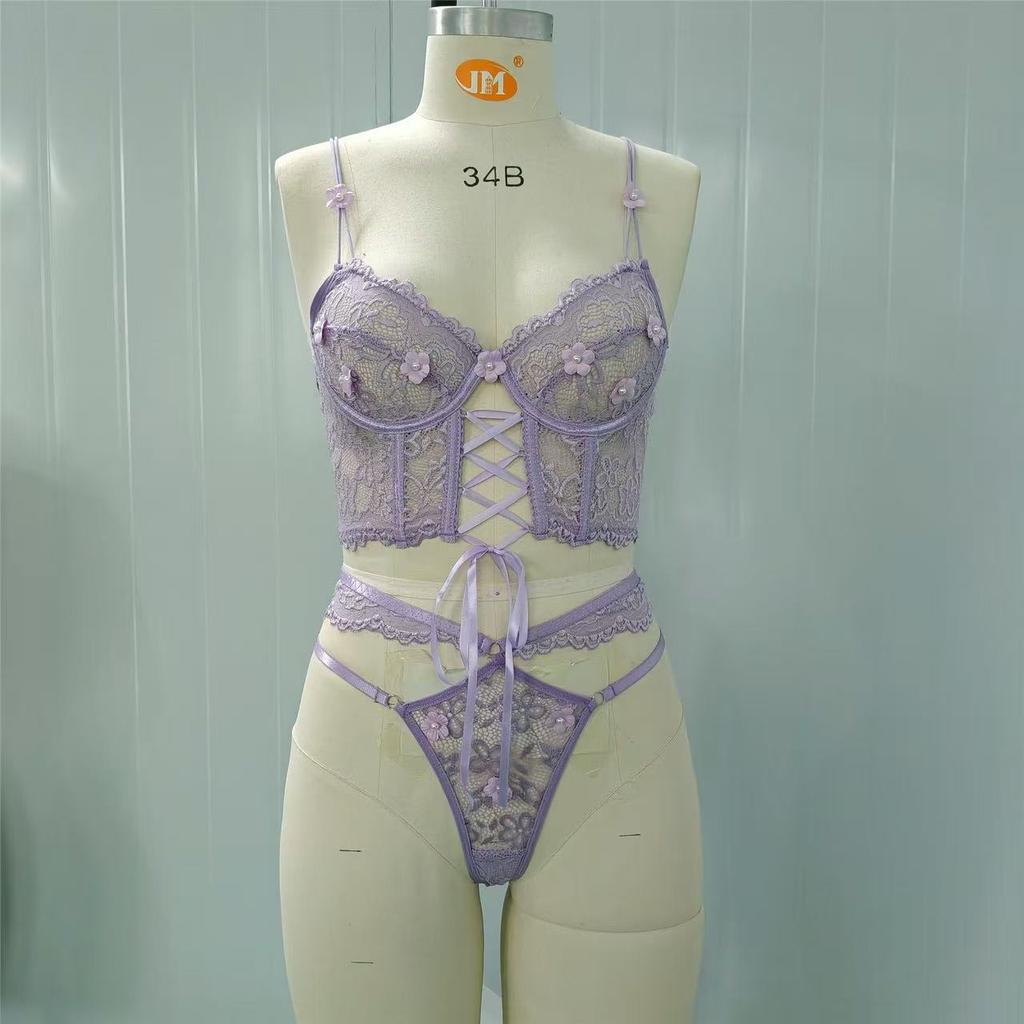 Europäische und amerikanische Neuheiten sind heiß verkaufte Träger, Stahlpaletten, Spitzen-BHs, sexy Nagelperlen Dsmallflowers, transparentes Unterwäsche-Set für Damen