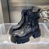 Moda Negro Punk Botines Motociclista de Tobillo con Suela Gruesa para Mujer con Cordones Primavera Tacón Grueso Hebilla de Cinturón Bolsillo Diseñador Zapatos Chunky