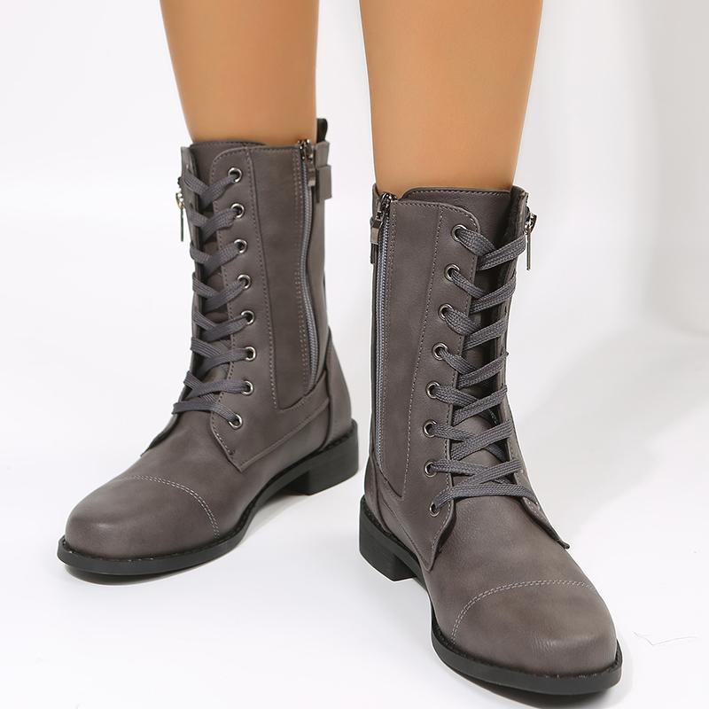 Fashion Women's Square Heels Ankle Booties  Autumn Winter Leather Short Work Boots Woman Plus Size Lace Up Elastic Boots Zapatos Mujer