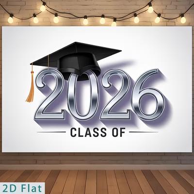 2D Class of 2026 Graduation Photography Backdrop Silver Metallic Number & Cap Party Background