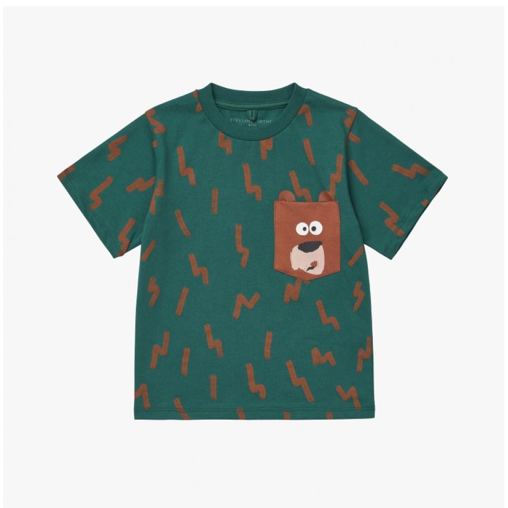 Stella Mccartney Tt8p71 Z1394 719ma Lightning Bolt Print Teddy Bear Chest Pocket Kids Short Sleeve Tee