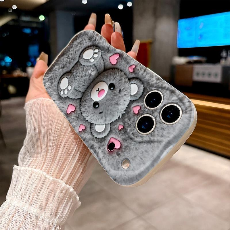 For iPhone 17 16 15 14 13 12 11 Pro Max XS X XR 15 16 Plus 16E 17Air Cute Cartoon Grizzly Bear Pink Heart Printed Silicone Cover
