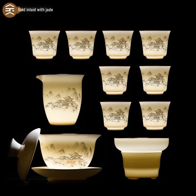 Gold Inlaid Jade White Porcelain Tea Set