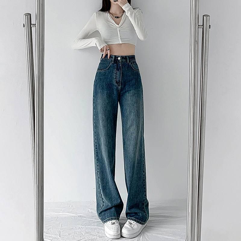 Damen Jeans mit hohem Bund, geradem Bein und weiter Passform, Frühling/Herbst 2022 - Schlankmachend, Vielseitig, Guter Fall, Bodenlang.
