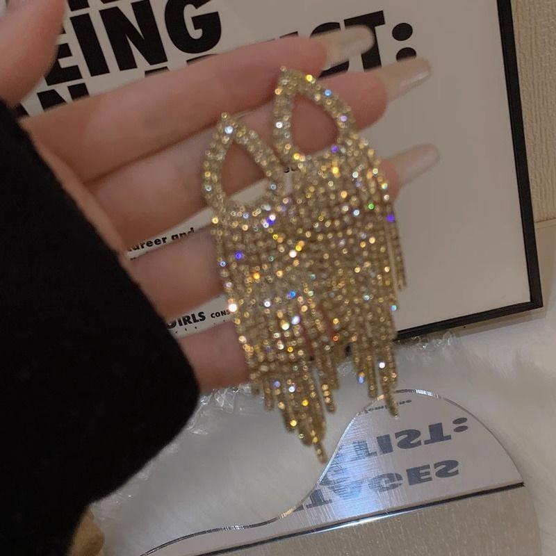 Yang Mi Style Sparkling Rhinestone Tassel Earrings - Elegant Luxury Statement for Women золотой