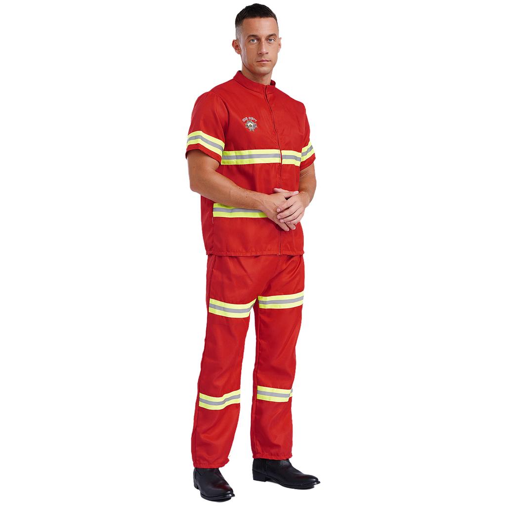 Herren Feuerwehrmann Rollenspiel Kostüm Reflektierender Streifen Jacke Hose Set mit Helm Gürtel