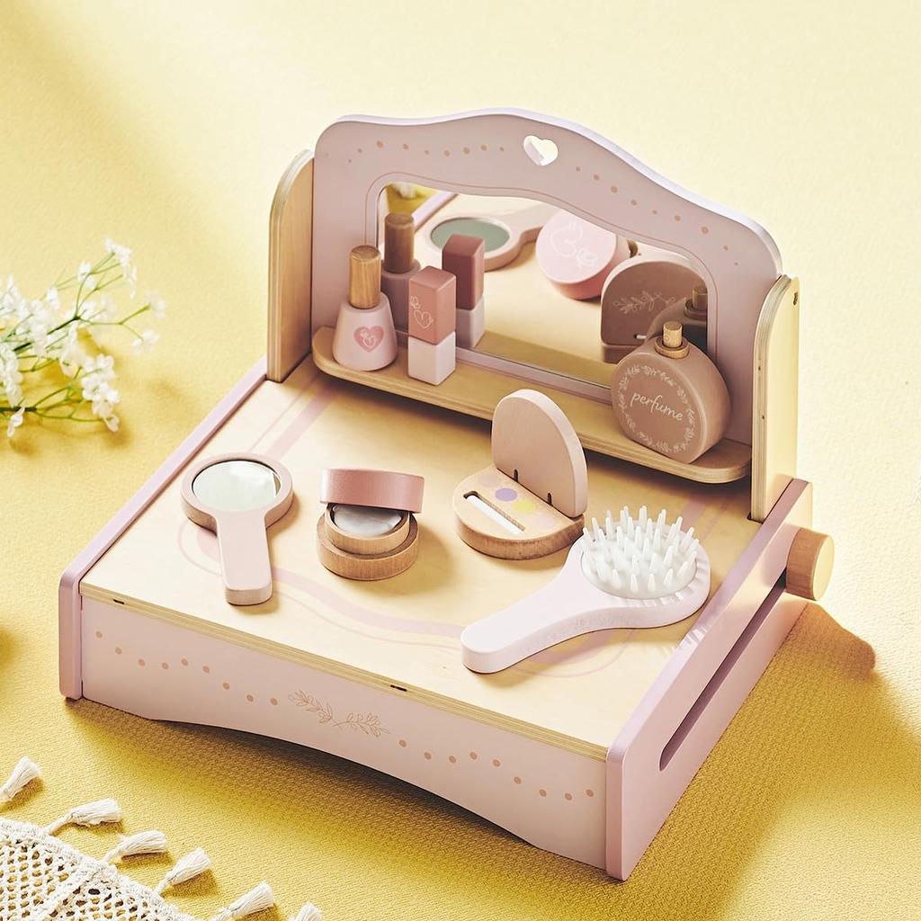 Smart-i Wooden Pretend Play Set, 8-Piece Set, Mini Dresser, Compact Tabletop, Cosmetic Play, Acrylic Mirror, ST Mark, Safety Toy, Flora