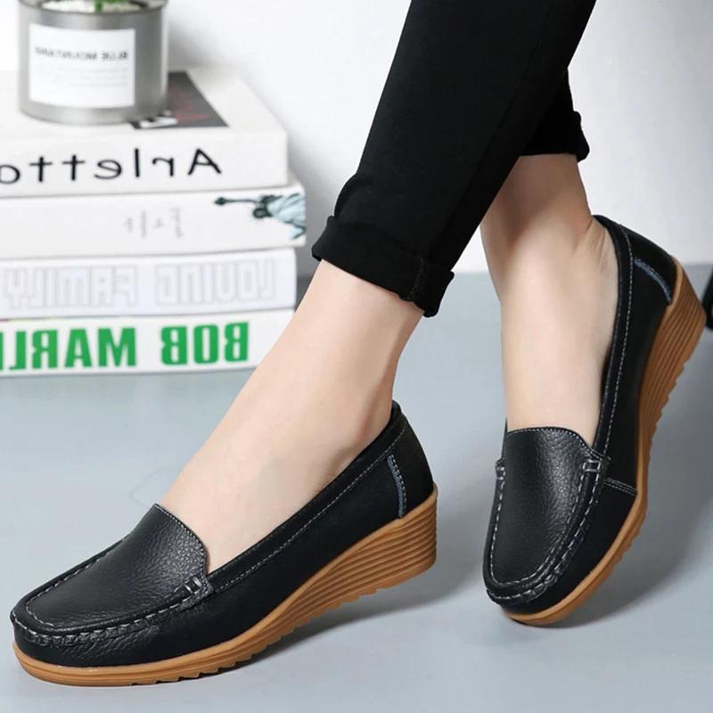 Black Women Shoes Soft Leather Shoes With Heels Loafers Flat Shoes Women's Moccasins Casual Zapatos Mujer Flats Female Footwear