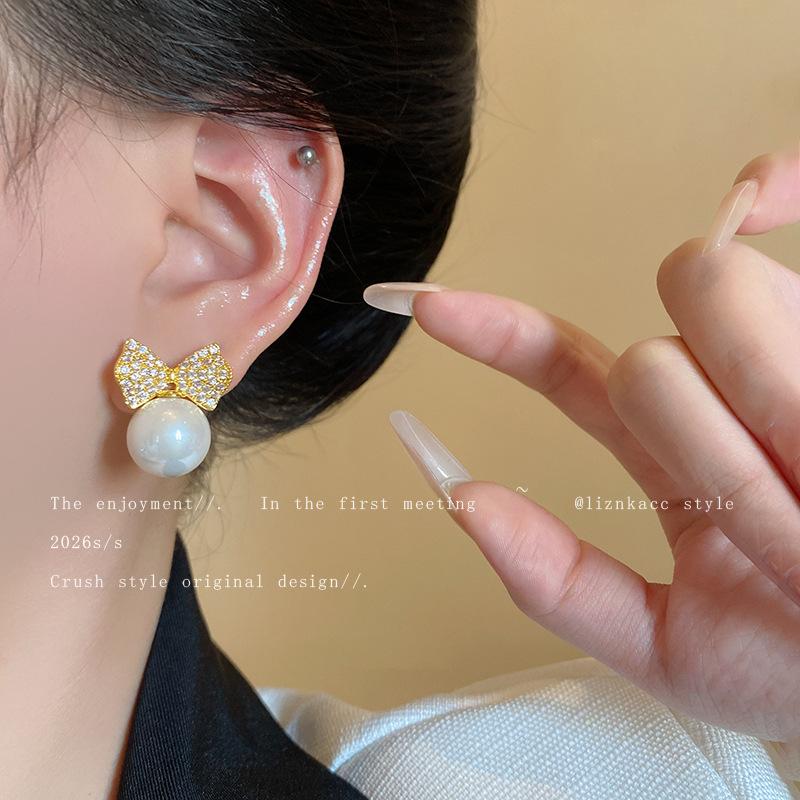 High-end Sterling Silver Needle Niche Hong Kong Style Stud Earrings Zircon Bow Imitation Pearl Earrings Light Luxury Temperament Ear Jewelry