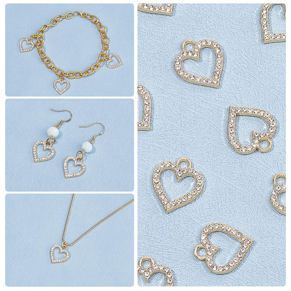 60Pcs Alloy Charms with Rhinestone Cadmium Free & Lead Free Heart Light Gold 17x15x2mm Hole: 2.5mm