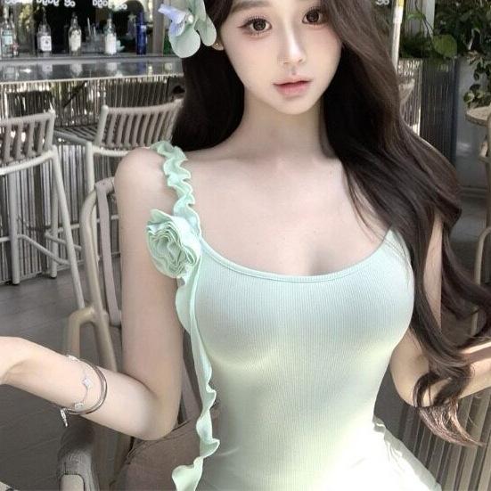 Mint Green Three-dimensional Flower Suspender Dress Women's Summer Vacation Wind Waist Pure Desire Slim Hip Fish Tail Dress