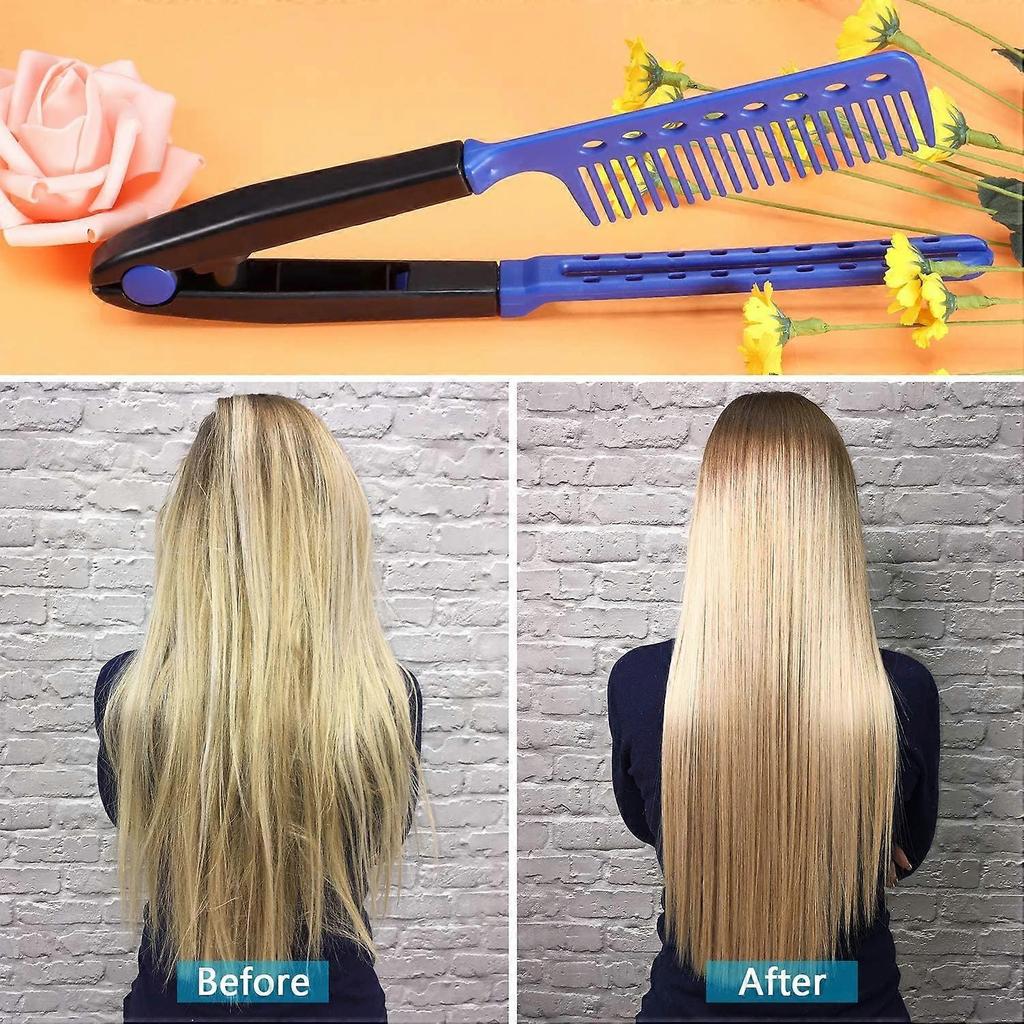 2 Flat Combs Hair Straightener Comb Salon Hair Brush Hairdressing Comb V-Shaped Straightener (Roes Red, Blue,2024 Ping