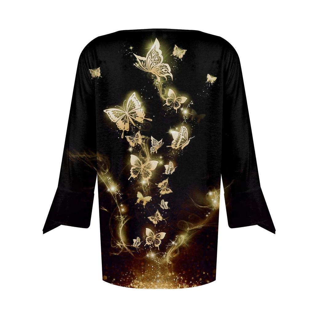 3/4 Sleeve Shirts For Women Pattern Print Graphic Tees Blouses Casual Plus Size Basic Tops Pullover