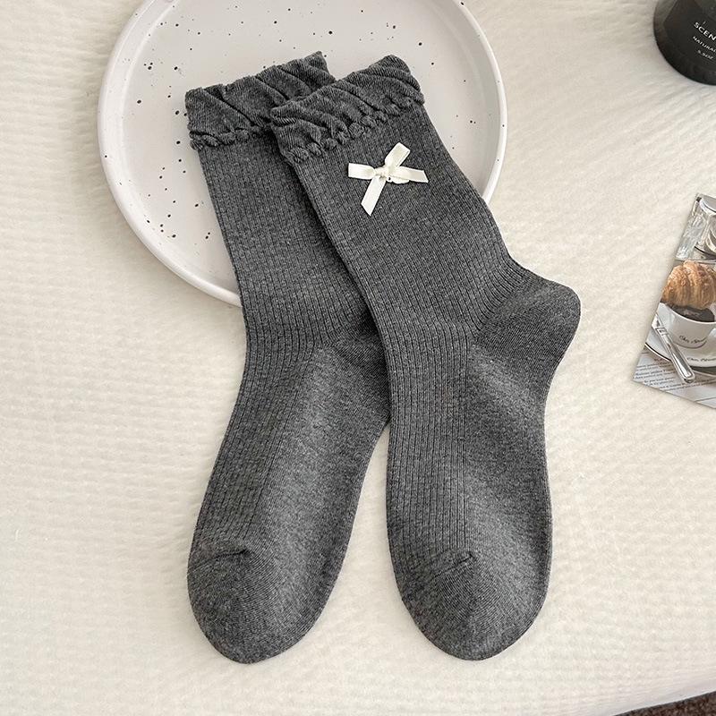 Bow Lace Miu Cartoon Off-White Mid-Calf Socks with Wood Ear Trim - Autumn Trendy Accessories