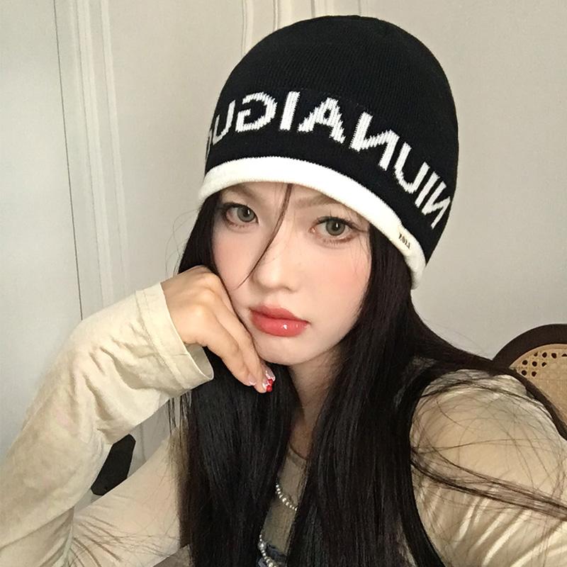 Letter White Knitted Wool Hat Women's Autumn and Winter Versatile Big Head Circumference Bag Head Cold Hat Showing Face Small Pile Hat
