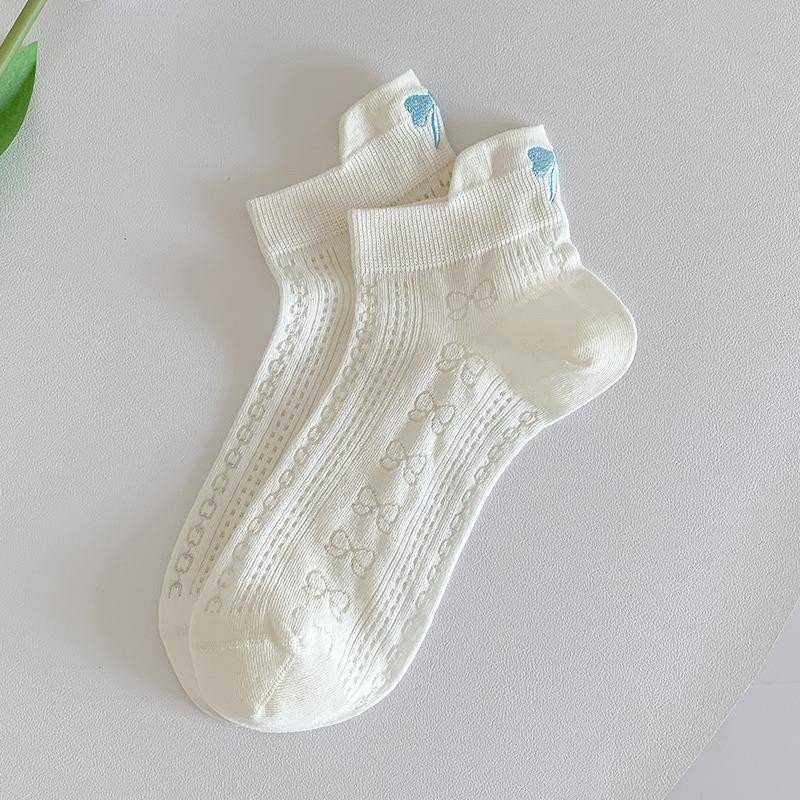 Female Summer Thin Style Bow Embroidery Pure Cotton Hollow Out Breathable White Socks