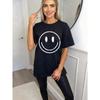 Black Oversized T-Shirt With White Smiley Face Print For Casual Wear And Street Style