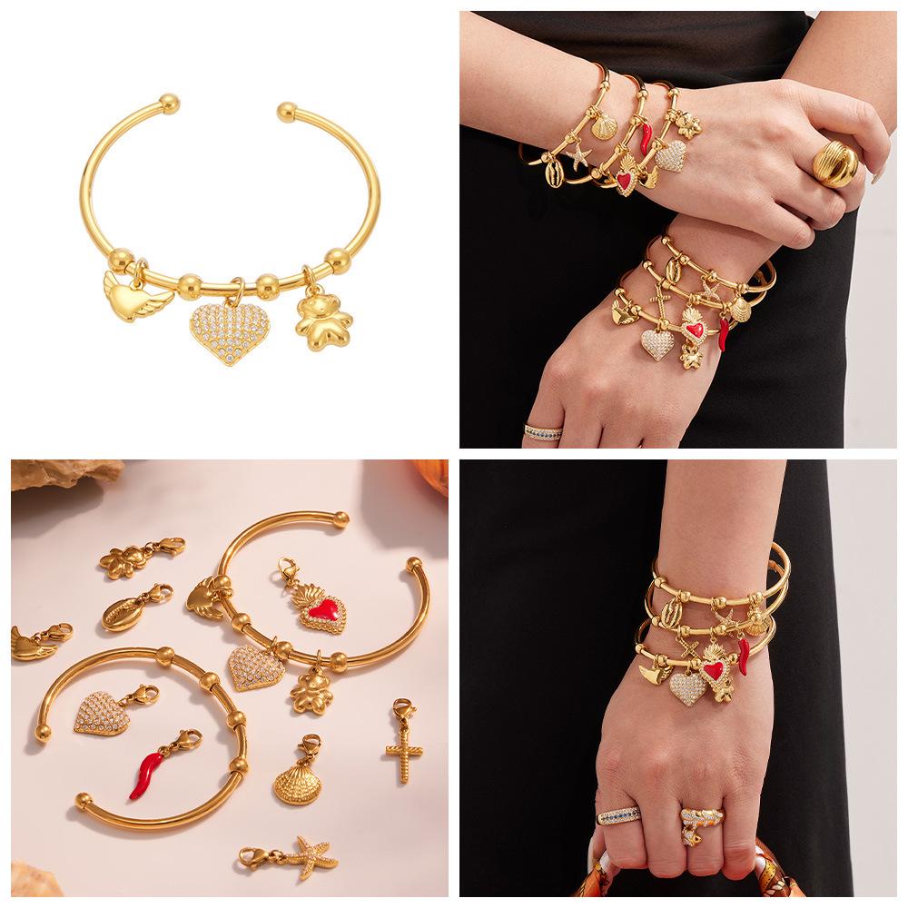 Qiong Yao Geometric Open Cuff & Enamel Heart Bracelet Set - Vacation Style