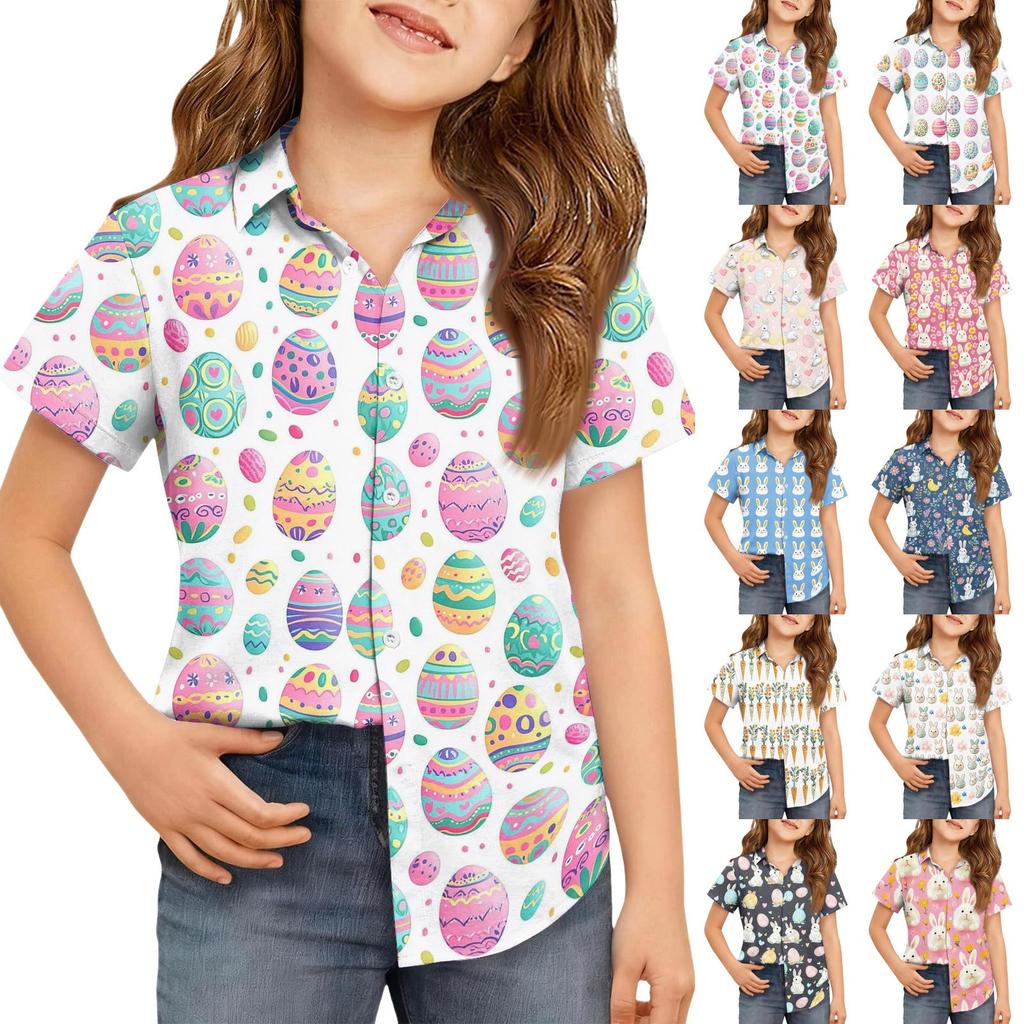 Summer Girls' Short Sleeve Blouse School Uniform Button-Up Shirt Kids Summer School Uniform Button Down Shirt