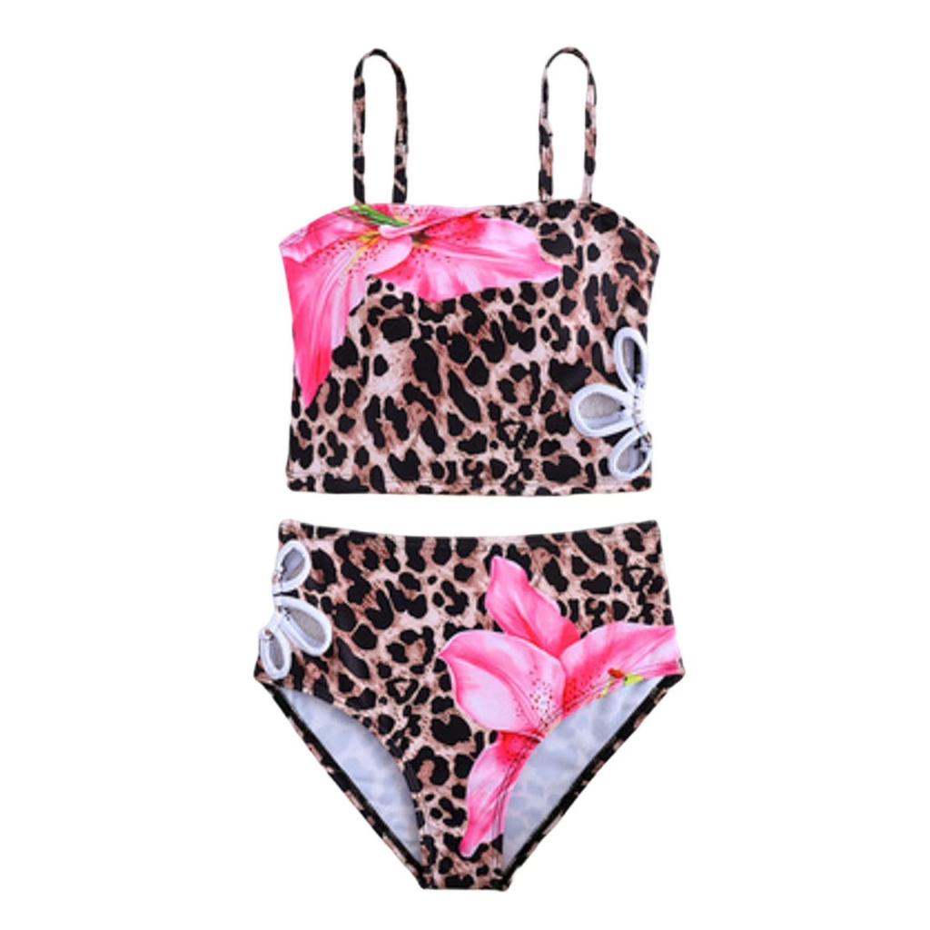 Girls Two Piece Bikini Set with Adjustable Straps and Floral Leopard Print Swimwear for Kids Summer Beach Pool Wear