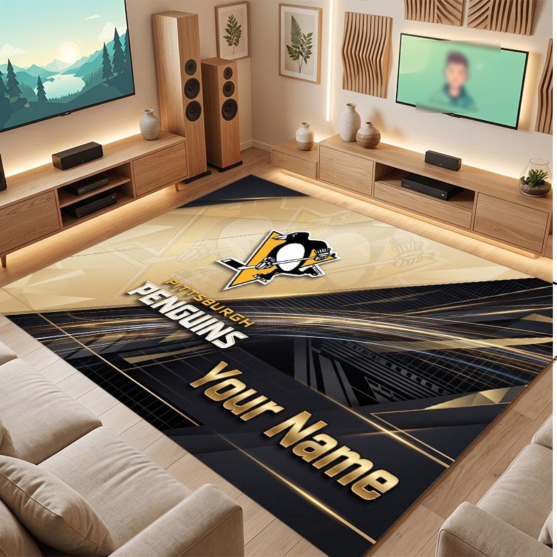 Pittsburgh Penguins Personalized Crystal Velvet Carpet, Customized Name Text Soft Anti‑Slip Rug for Living Room Bedroom