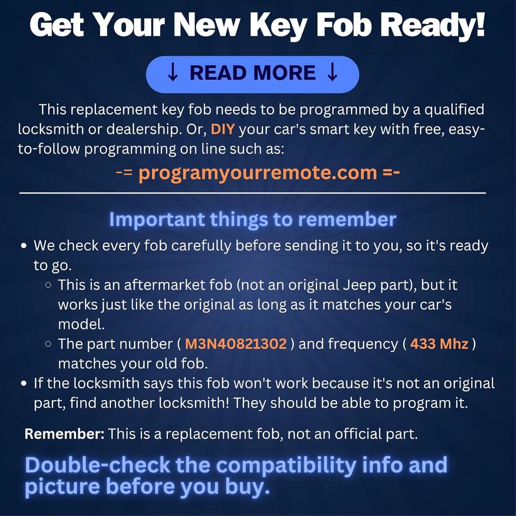 Replacement Keyless Entry Remote Car Key Fob M3N40821302 433MHz 46 Chip 4 Buttons with Start Key for 2014-2020 Jeep Grand Cherokee