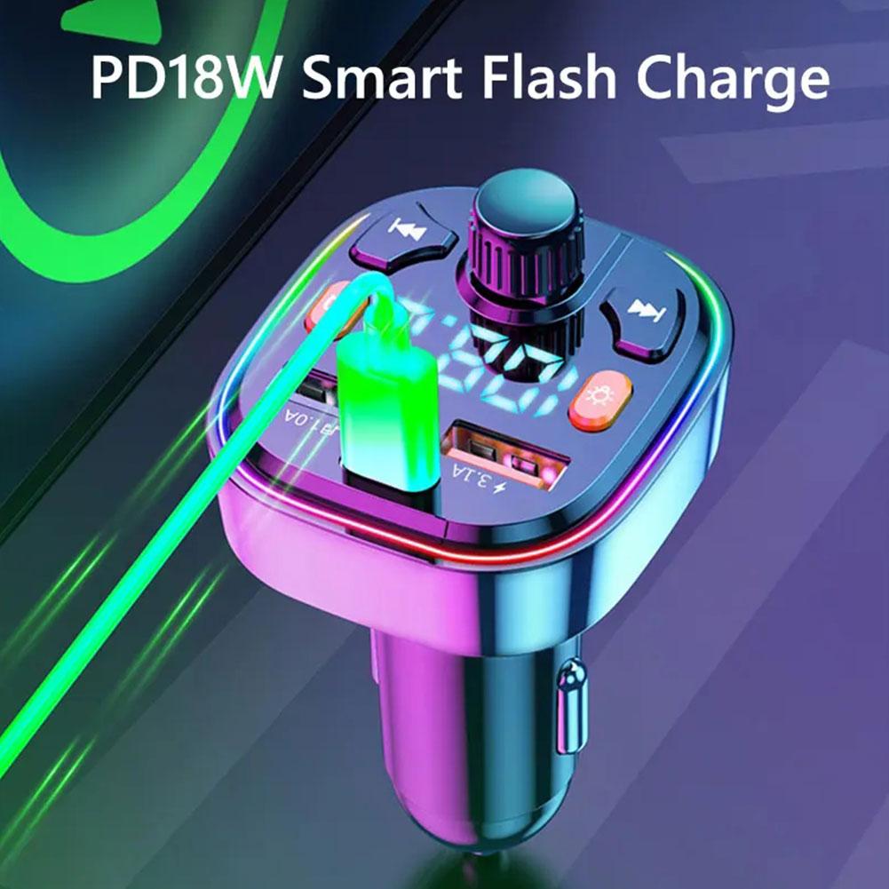 Car Bluetooth 5.0 FM Transmitter PD Type-C Dual USB MP3 Fast Modulator Handsfree Colorful Light Charger Ambient 3.1A Player C9E0