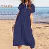 Women's Cotton Linen Maxi Dress Casual Short Sleeve V-Neck Sundress Loose Beach Pleated Long Dress for Summer Vacation