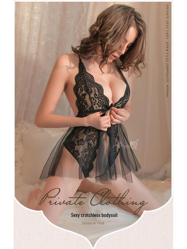 Yiyue Lace Temptation Open Crotch Jumpsuit Lingerie - Style 8432.