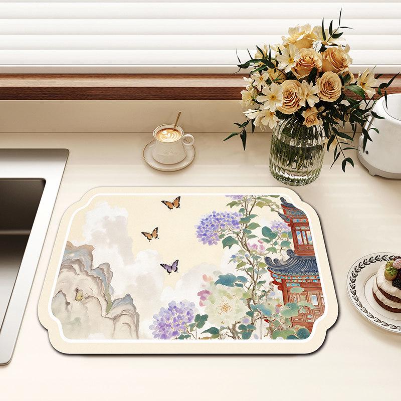 Chinese-Style Irregular Flower & Bird Diatom Mud Coffee Mat: Stain-Resistant, Easy-Clean, Non-Slip Kitchen Draining Mat
