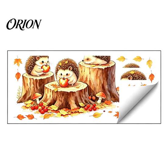 Cute Animal Window Art Little Hedgehog Tree Stump Static Sticker, Watercolor Decorative Thanksgiving Decorations Decal, Reusable PVC Cling for Autumn