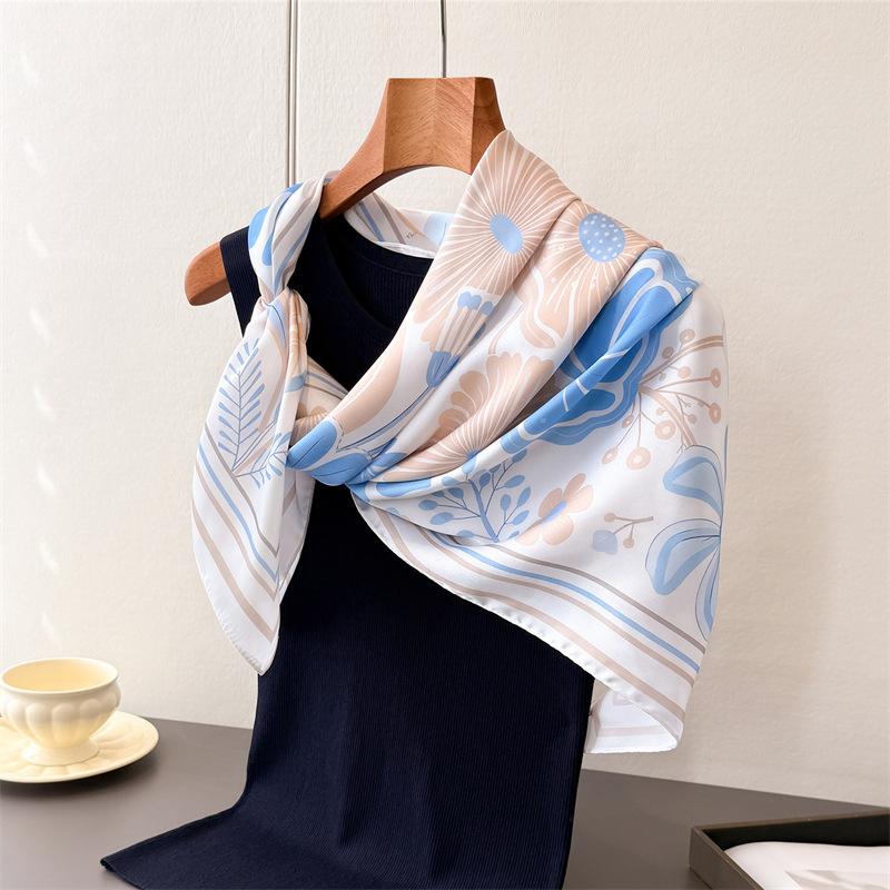 Gentle Idyllic Imitation Silk High-end Large Square Scarf Silk Scarf Printed Shawl Decorative Scarf Sunscreen Headscarf Scarf