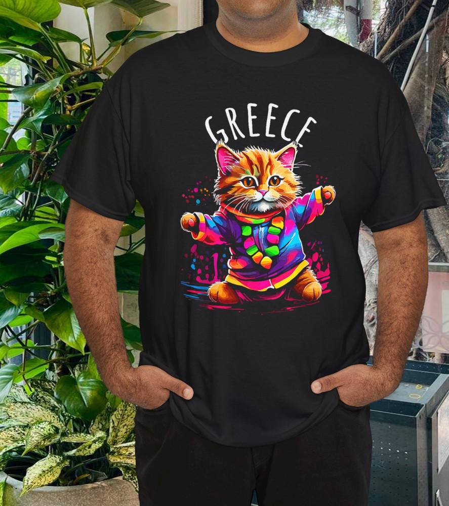 

Greece Quirky Funny Cute Colorful Dancing Cat Design T-Shirt XL
