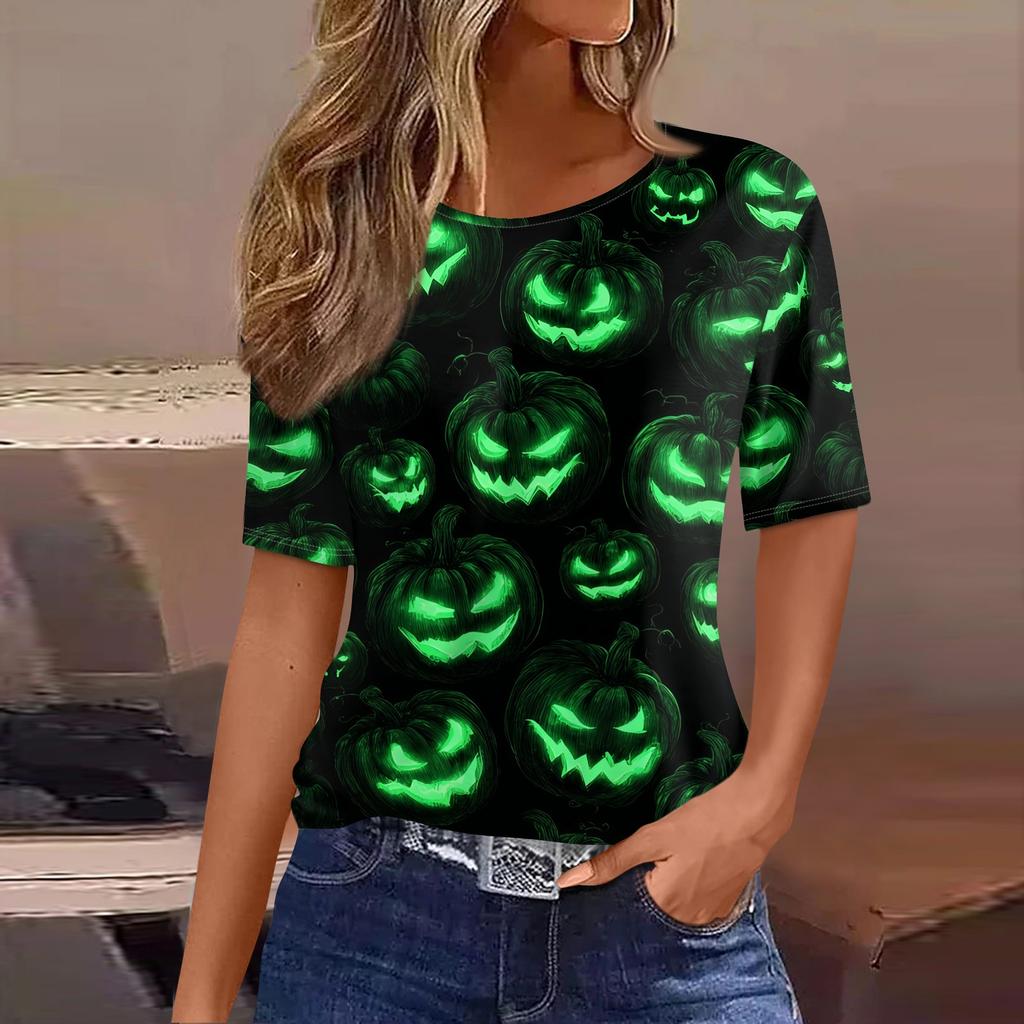Womens Casual Short Sleeve Pullover Top Halloween Ghost Print Round Neck Relaxed Fit Tee Shirt