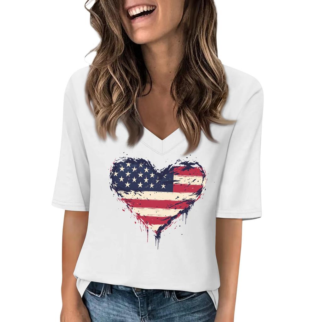 Women's V Neck T Shirts Half Sleeve Tops Printed Casual Summer Tees T Shirt Blouse