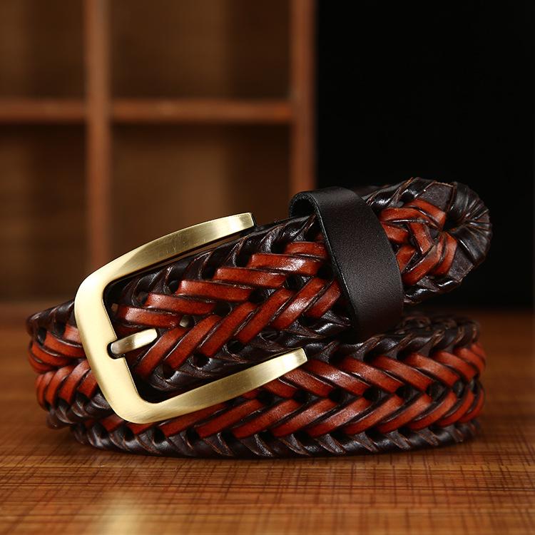 Handmade Woven Leather Belt with Alloy Buckle - Unisex Casual Fashion for Jeans